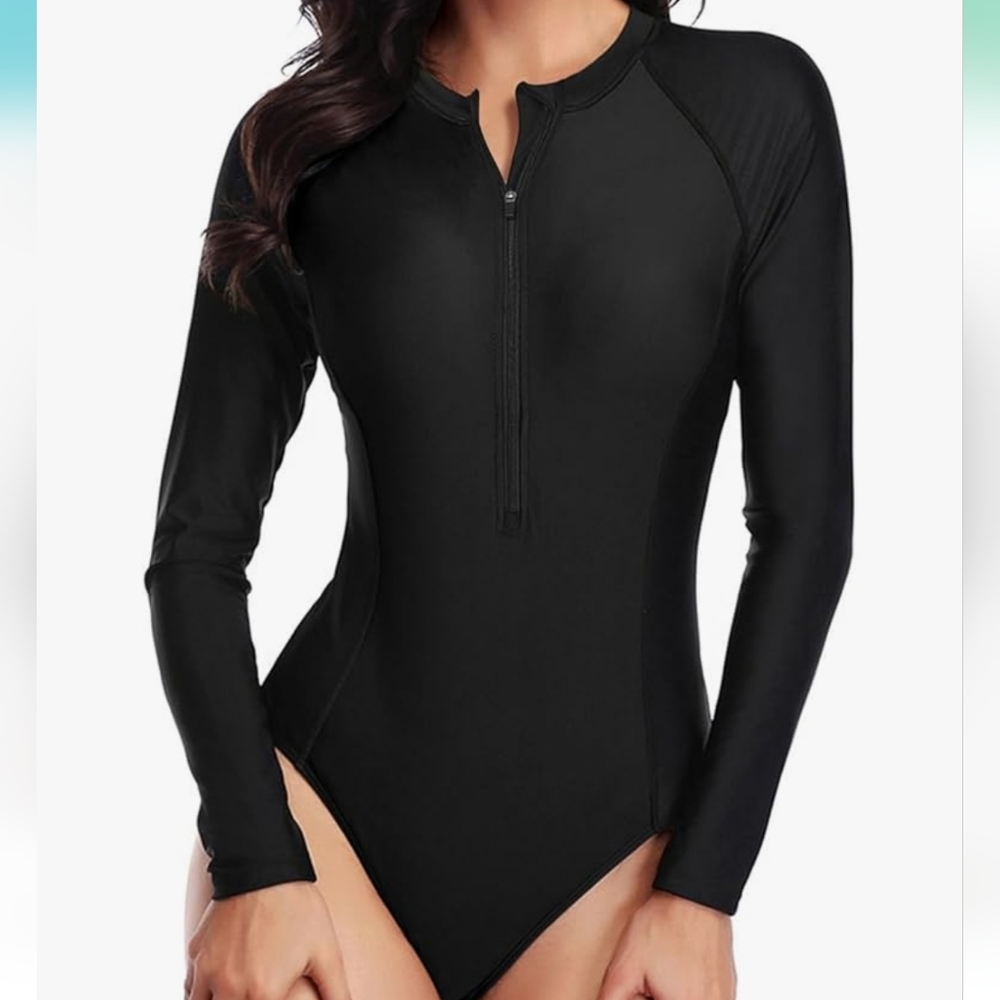 #0292 🧜‍♀️ XXL NEW Blk 1 Piece RashGuard Swimsuit 50+UPF 21-24"ptp 18.5-24"Wst - Picture 3 of 16